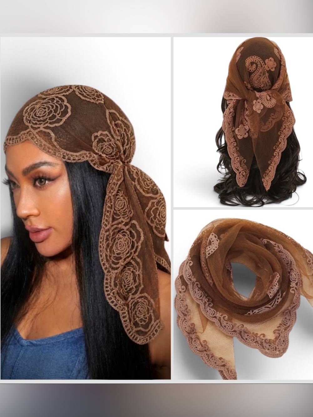 Brown Lace Embroidered Hair Scarf Headwrap
